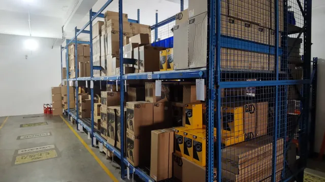 Replacement parts on the racks at a partner warehouse